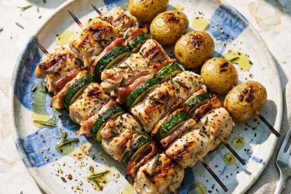 グリルチキンとズッキーニホイールのレシピ: パンチェッタ串