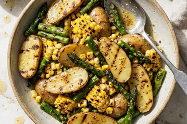 ポテトサラダとロースト野菜のレシピ：マスタードとメープルのドレッシング