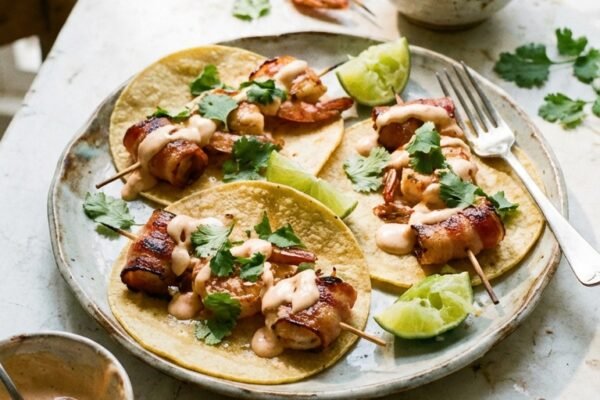 ベーコンとエビのタコスのレシピ：ベーコンを包んでグリルし、カリカリに焼きます