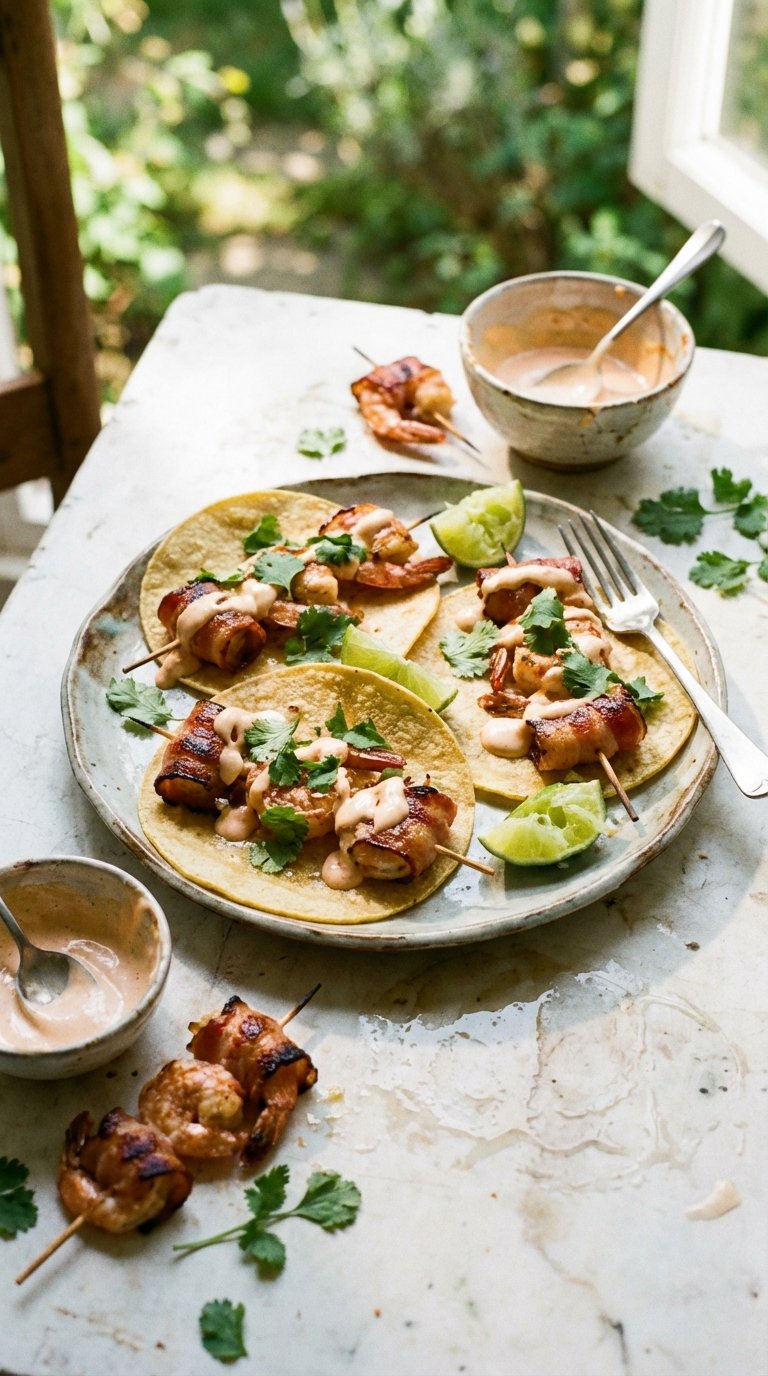 ベーコンとエビのタコスのレシピ：ベーコンを包んでグリルし、カリカリに焼きます